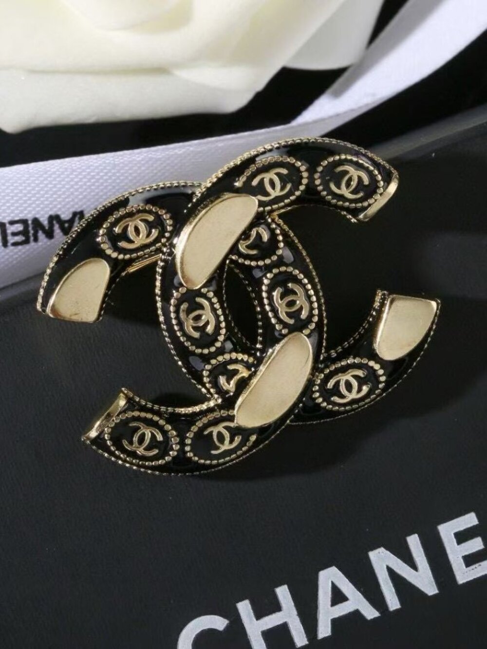 Chanel-Style Black Gold Double C Brooch